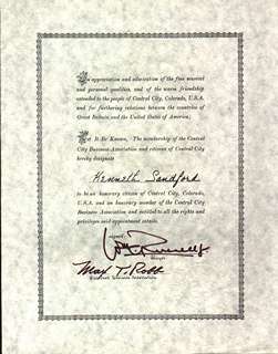 Central City CO certificate of Honorary Citizenship